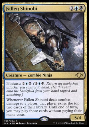 '-Fallen Shinobi
Creature â€” Zombie Ninja
Ninjutsu %2%U%B
Whenever this creature deals combat damage to a player, that player exiles the top two cards of their library. Until end of turn, you may play those cards without paying their mana costs.
5/4