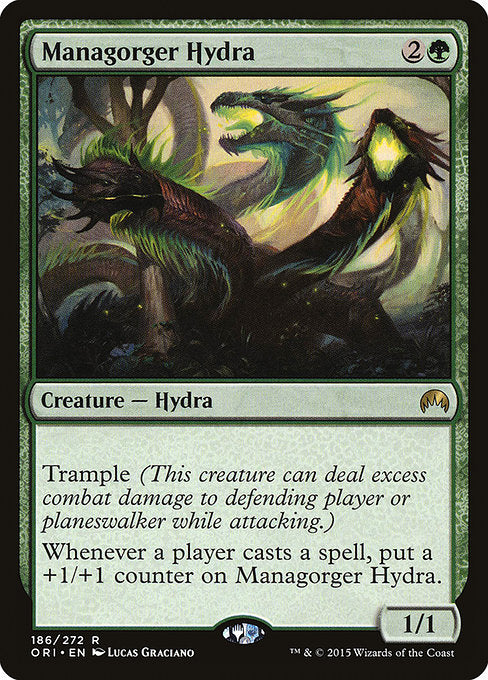 Managorger Hydra
Creature — Hydra
Trample
Whenever a player casts a spell, put a +1/+1 counter on this creature.
1/1