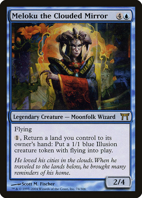Meloku the Clouded Mirror
Legendary Creature — Moonfolk Wizard
Flying
{1}, Return a land you control to its owner's hand: Create a 1/1 blue Illusion creature token with flying.
2/4
