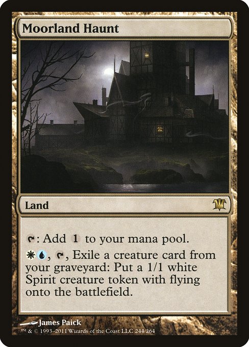 Moorland Haunt
Land
{T}: Add {C}.
{W}{U}, {T}, Exile a creature card from your graveyard: Create a 1/1 white Spirit creature token with flying.