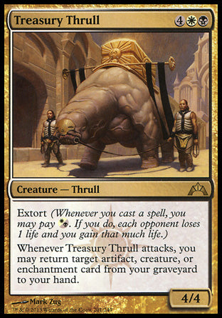Treasury Thrull
Creature — Thrull
Extort
Whenever this creature attacks, you may return target artifact, creature, or enchantment card from your graveyard to your hand.
4/4