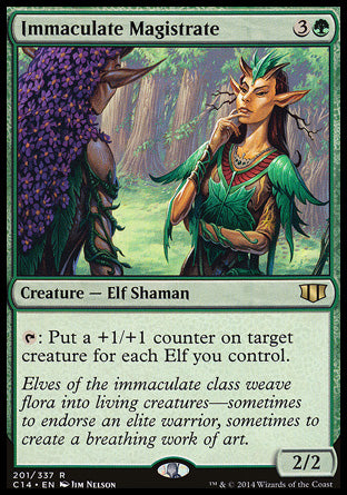 Immaculate Magistrate
Creature — Elf Shaman
%T: Put a +1/+1 counter on target creature for each Elf you control.
2/2