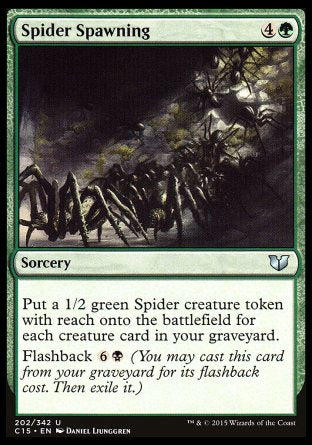 Spider Spawning
Sorcery
Create a 1/2 green Spider creature token with reach for each creature card in your graveyard.
Flashback %6%B
