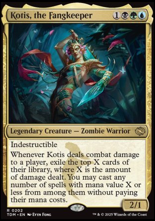 Kotis, the Fangkeeper
Legendary Creature — Zombie Warrior
Indestructible
Whenever Kotis deals combat damage to a player, exile the top X cards of their library, where X is the amount of damage dealt. You may cast any number of spells with mana value X or less from among them without paying their mana costs.
2/1