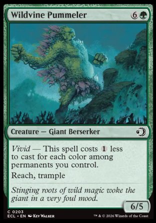 Wildvine Pummeler
Creature â€” Giant Berserker
Vivid â€” This spell costs %1 less to cast for each color among permanents you control.
Reach, trample
6/5