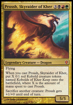 '-Prossh, Skyraider of Kher
Legendary Creature â€” Dragon
When you cast this spell, create X 0/1 red Kobold creature tokens named Kobolds of Kher Keep, where X is the amount of mana spent to cast it.
Flying
Sacrifice another creature: Prossh gets +1/+0 until end of turn.
5/5