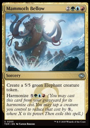 Mammoth Bellow
Sorcery
Create a 5/5 green Elephant creature token.
Harmonize %5%G%U%R