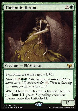 Thelonite Hermit
Creature — Elf Shaman
All Saprolings get +1/+1.
Morph %3%G%G
When this creature is turned face up, create four 1/1 green Saproling creature tokens.
1/1