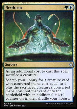 '-Neoform
Sorcery
As an additional cost to cast this spell, sacrifice a creature.
Search your library for a creature card with mana value equal to 1 plus the sacrificed creature's mana value, put that card onto the battlefield with an additional +1/+1 counter on it, then shuffle.