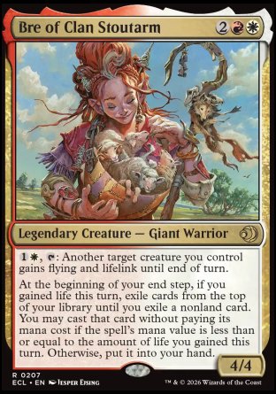 Bre of Clan Stoutarm
Legendary Creature â€” Giant Warrior
%1%W, %T: Another target creature you control gains flying and lifelink until end of turn.
At the beginning of your end step, if you gained life this turn, exile cards from the top of your library until you exile a nonland card. You may cast that card without paying its mana cost if the spell's mana value is less than or equal to the amount of life you gained this turn. Otherwise, put it into your hand.
4/4