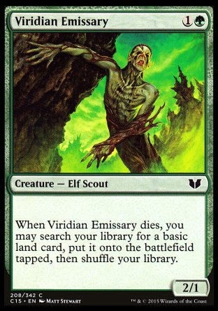 Viridian Emissary
Creature — Phyrexian Elf Scout
When this creature dies, you may search your library for a basic land card, put it onto the battlefield tapped, then shuffle.
2/1