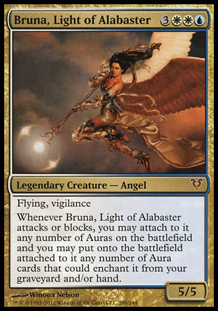 '-Bruna, Light of Alabaster
Legendary Creature â€” Angel
Flying, vigilance
Whenever Bruna attacks or blocks, you may attach to it any number of Auras on the battlefield and you may put onto the battlefield attached to it any number of Aura cards that could enchant it from your graveyard and/or hand.
5/5