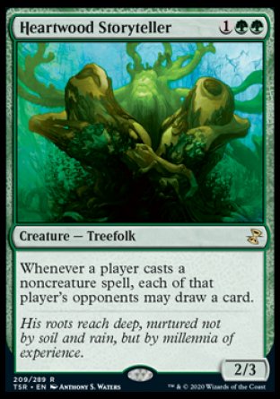 '-Heartwood Storyteller
Creature â€” Treefolk
Whenever a player casts a noncreature spell, each of that player's opponents may draw a card.
2/3