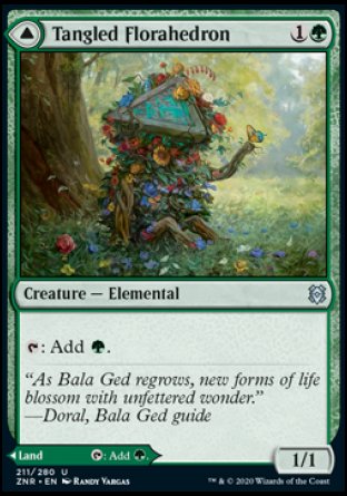 Tangled Florahedron
Creature — Elemental
%T: Add %G.
1/1
Tangled Vale
Land
This land enters tapped.
%T: Add %G.