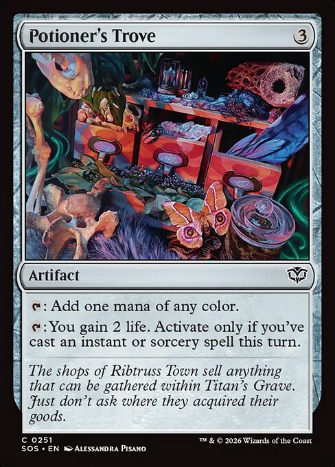 Potioner's Trove
Artifact
{T}: Add one mana of any color.
{T}: You gain 2 life. Activate only if you've cast an instant or sorcery spell this turn.