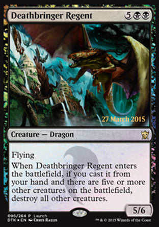 Deathbringer Regent
Creature — Dragon
Flying
When this creature enters, if you cast it from your hand and there are five or more other creatures on the battlefield, destroy all other creatures.
5/6