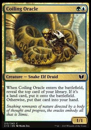 Coiling Oracle
Creature — Snake Elf Druid
When this creature enters, reveal the top card of your library. If it's a land card, put it onto the battlefield. Otherwise, put that card into your hand.
1/1