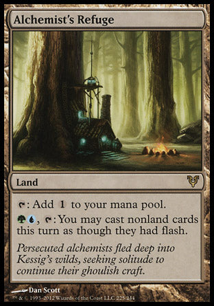 -
Alchemist's Refuge
Land
%T: Add %C.
%G%U, %T: You may cast spells this turn as though they had flash.