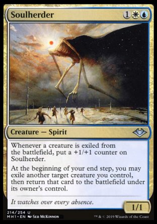 '-Soulherder
Creature â€” Spirit
Whenever a creature is exiled from the battlefield, put a +1/+1 counter on this creature.
At the beginning of your end step, you may exile another target creature you control, then return that card to the battlefield under its owner's control.
1/1