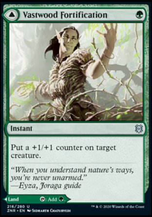 Vastwood Fortification
Instant
Put a +1/+1 counter on target creature.
Vastwood Thicket
Land
This land enters tapped.
%T: Add %G.