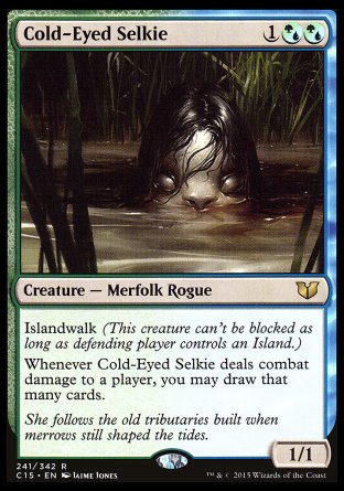 Cold-Eyed Selkie
Creature — Merfolk Rogue
Islandwalk
Whenever this creature deals combat damage to a player, you may draw that many cards.
1/1