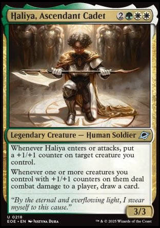 Haliya, Ascendant Cadet
Legendary Creature — Human Soldier
Whenever Haliya enters or attacks, put a +1/+1 counter on target creature you control.
Whenever one or more creatures you control with +1/+1 counters on them deal combat damage to a player, draw a card.
3/3