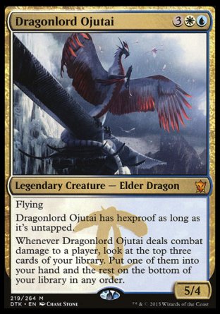 '-Dragonlord Ojutai
Legendary Creature â€” Elder Dragon
Flying
Dragonlord Ojutai has hexproof as long as it's untapped.
Whenever Dragonlord Ojutai deals combat damage to a player, look at the top three cards of your library. Put one of them into your hand and the rest on the bottom of your library in any order.
5/4