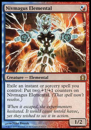 Nivmagus Elemental
Creature — Elemental
Exile an instant or sorcery spell you control: Put two +1/+1 counters on this creature. (That spell won't resolve.)
1/2