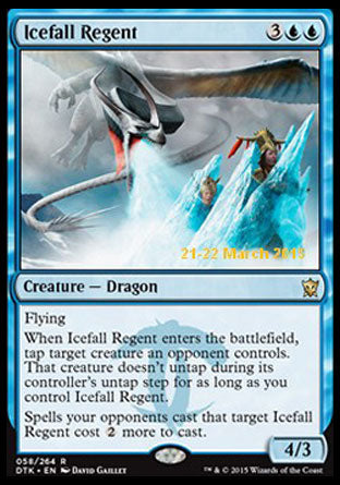 '-Icefall Regent
Creature â€” Dragon
Flying
When this creature enters, tap target creature an opponent controls. That creature doesn't untap during its controller's untap step for as long as you control this creature.
Spells your opponents cast that target this creature cost %2 more to cast.
4/3