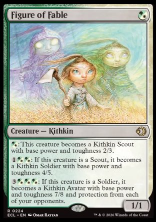 Figure of Fable
Creature â€” Kithkin
%WG: This creature becomes a Kithkin Scout with base power and toughness 2/3.
%1%WG%WG: If this creature is a Scout, it becomes a Kithkin Soldier with base power and toughness 4/5.
%3%WG%WG%WG: If this creature is a Soldier, it becomes a Kithkin Avatar with base power and toughness 7/8 and protection from each of your opponents.
1/1
