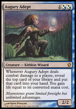 Augury Adept
Creature — Kithkin Wizard
Whenever this creature deals combat damage to a player, reveal the top card of your library and put that card into your hand. You gain life equal to its mana value.
2/2