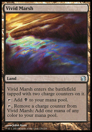 '-Vivid Marsh
Land
This land enters tapped with two charge counters on it.
%T: Add %B.
%T, Remove a charge counter from this land: Add one mana of any color.