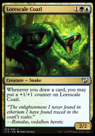 Lorescale Coatl
Creature — Snake
Whenever you draw a card, put a +1/+1 counter on this creature.
2/2