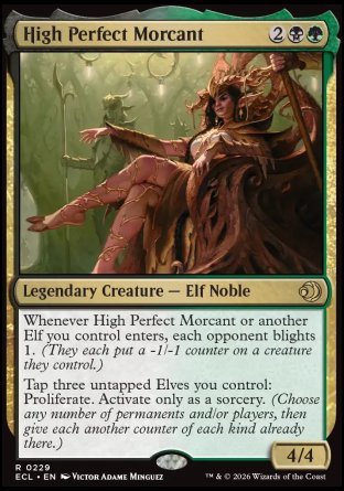 High Perfect Morcant
Legendary Creature â€” Elf Noble
Whenever High Perfect Morcant or another Elf you control enters, each opponent blights 1.
Tap three untapped Elves you control: Proliferate. Activate only as a sorcery.
4/4