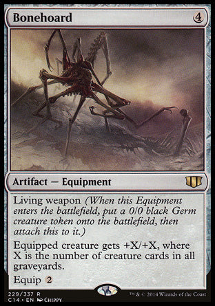 Bonehoard
Artifact — Equipment
Living weapon
Equipped creature gets +X/+X, where X is the number of creature cards in all graveyards.
Equip %2