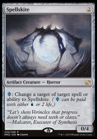 '-Spellskite
Artifact Creature â€” Phyrexian Horror
%PU: Change a target of target spell or ability to this creature. (%PU may be paid for with either %U or 2 life.)
0/4
