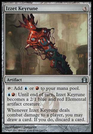 '-Izzet Keyrune
Artifact
%T: Add %U or %R.
%U%R: Until end of turn, this artifact becomes a 2/1 blue and red Elemental artifact creature.
Whenever this artifact deals combat damage to a player, you may draw a card. If you do, discard a card.