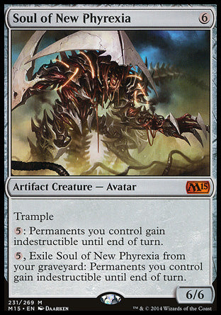 Soul of New Phyrexia
Artifact Creature — Phyrexian Avatar
Trample
%5: Permanents you control gain indestructible until end of turn.
%5, Exile this card from your graveyard: Permanents you control gain indestructible until end of turn.
6/6
