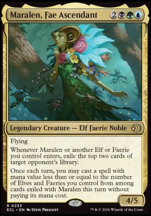 Maralen, Fae Ascendant
Legendary Creature â€” Elf Faerie Noble
Flying
Whenever Maralen or another Elf or Faerie you control enters, exile the top two cards of target opponent's library.
Once each turn, you may cast a spell with mana value less than or equal to the number of Elves and Faeries you control from among cards exiled with Maralen this turn without paying its mana cost.
4/5