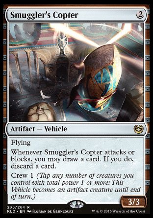'-Smuggler's Copter
Artifact â€” Vehicle
Flying
Whenever this Vehicle attacks or blocks, you may draw a card. If you do, discard a card.
Crew 1
3/3