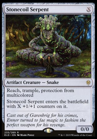 '-Stonecoil Serpent
Artifact Creature â€” Snake
Reach, trample, protection from multicolored
This creature enters with X +1/+1 counters on it.
0/0