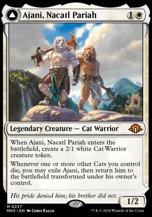 -When Ajani enters, create a 2/1 white Cat Warrior creature token.
Whenever one or more other Cats you control die, flip
1/2
+2
Put a +1/+1 counter on each Cat you control.
0
Create a 2/1 white Cat Warrior.if you control a red permanent other than Ajani, he deals damage equal to the number of creatures you control to any target.
-4
opps choose artifact, creature, enchantment, they control, sac rest.
Ly : 3