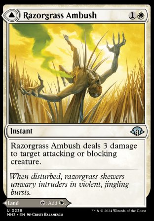 Razorgrass Ambush
Instant
Razorgrass Ambush deals 3 damage to target attacking or blocking creature.
Razorgrass Field
Land
As this land enters, you may pay 3 life. If you don't, it enters tapped.
%T: Add %W.