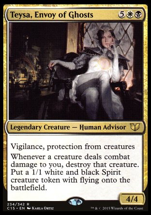 Teysa, Envoy of Ghosts
Legendary Creature — Human Advisor
Vigilance, protection from creatures
Whenever a creature deals combat damage to you, destroy that creature. Create a 1/1 white and black Spirit creature token with flying.
4/4