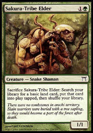 '-Sakura-Tribe Elder
Creature â€” Snake Shaman
Sacrifice this creature: Search your library for a basic land card, put that card onto the battlefield tapped, then shuffle.
1/1