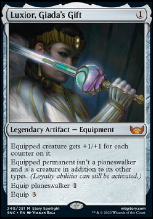 '-Luxior, Giada's Gift
Legendary Artifact â€” Equipment
Equipped creature gets +1/+1 for each counter on it.
Equipped permanent isn't a planeswalker and is a creature in addition to its other types. (Loyalty abilities can still be activated.)
Equip planeswalker %1
Equip %3