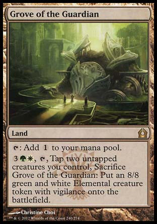 Grove of the Guardian
Land
%T: Add %C.
%3%G%W, %T, Tap two untapped creatures you control, Sacrifice this land: Create an 8/8 green and white Elemental creature token with vigilance.