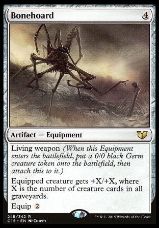 Bonehoard
Artifact — Equipment
Living weapon
Equipped creature gets +X/+X, where X is the number of creature cards in all graveyards.
Equip %2