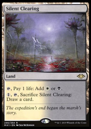 '-Silent Clearing
Land
%T, Pay 1 life: Add %W or %B.
%1, %T, Sacrifice this land: Draw a card.