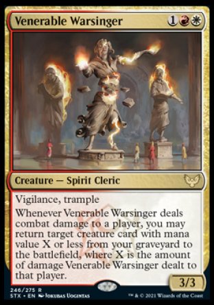 Venerable Warsinger
Creature — Spirit Cleric
Vigilance, trample
Whenever this creature deals combat damage to a player, you may return target creature card with mana value X or less from your graveyard to the battlefield, where X is the amount of damage this creature dealt to that player.
3/3